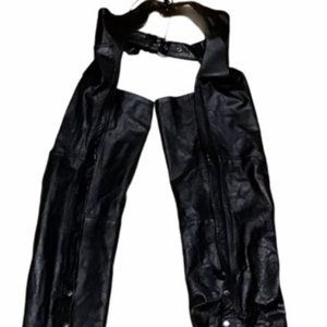 Vintage Mens Sz L Black Leather Motorcycle Chaps Riding Zipper Sides Buckle Belt